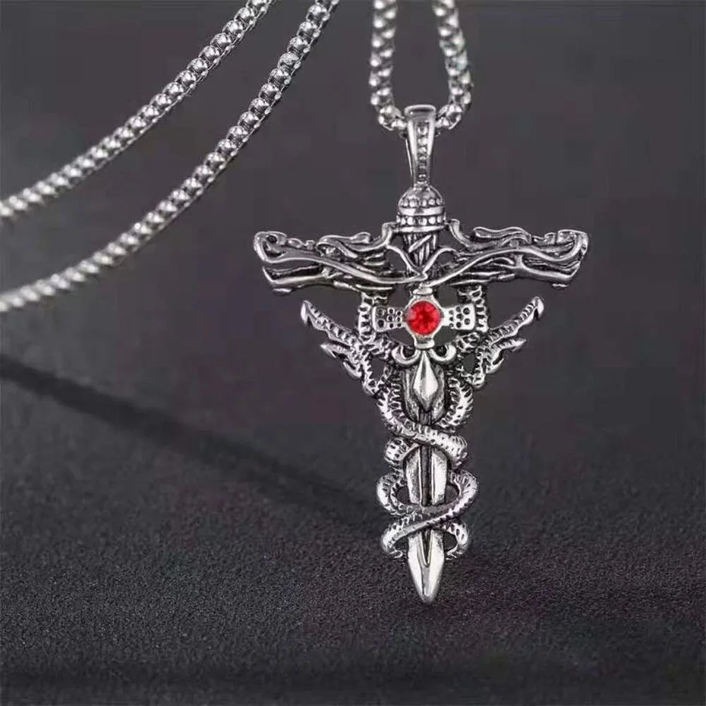 Vintage Double Dragon Sword Necklace for Men, BL55590007